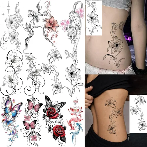 Vista 23 de VANTATY 66 hojas de tatuajes temporales negros pequeños en 3D para mujeres y hombres, impermeables, calcomanías falsas para rostro, cuello, brazo
