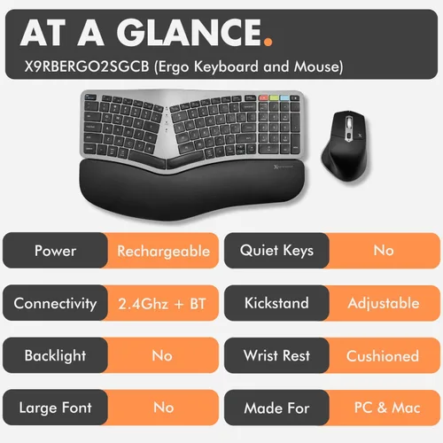 Vista 7 de X9 Combo ergonómico de teclado y mouse inalámbricos: teclado Ergo Split con reposamuñecas y mouse, 2.4G y Bluetooth, teclado ergonómico y mouse