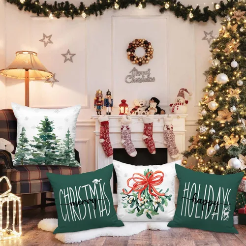 Vista 5 de Lanpn Juego de 4 fundas de almohada decorativas de Navidad de 16x16, funda de almohada decorativa para exteriores, bosque de invierno, funda
