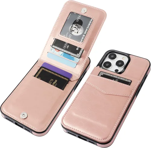 Vista 24 de KIHUWEY Compatible con iPhone 15 Pro Max Funda Billetera con Soporte para Tarjeta de Crédito, Tapa de Cuero Premium con Cierre Magnético y Soporte