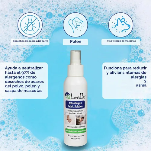 Vista 3 de LivePure Spray de tela antialérgeno de 3 onzas para superficies domésticas. Spray antialérgeno a base de plantas para ácaros del polvo y caspa