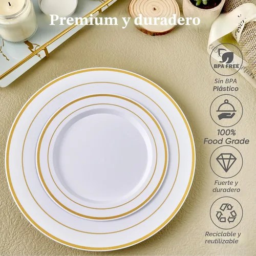 Vista 3 de FOCUSLINE Juego de 120 platos de plástico, platos desechables con borde Platos de plástico dorados
