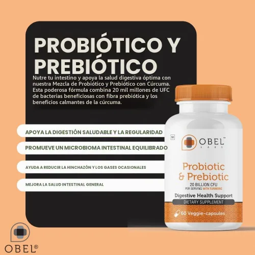 Vista 3 de obel Suplemento probiótico y prebiótico con cúrcuma 20 mil millones de UFC 60 cápsulas (suministro para 30 días) 4 cepas Apoya la digestión