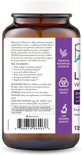 Vista 3 de PURE ESSENCE LABS LifeEssence Fórmula para mujer, el múltiplo más enérgico del mundo, el múltiple maestro, 120 tabletas