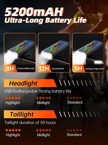Vista 3 de Luces de bicicleta delanteras y traseras, luces de bicicleta para conducción nocturna recargable USB-C, luz de bicicleta de 5200 mAh con función