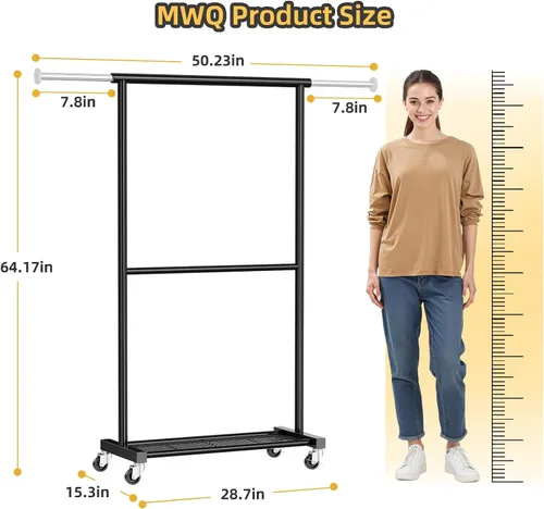 Vista 3 de Perchero de ropa estándar, 50 pulgadas de largo, con estantes de malla sobre ruedas, estante de armario portátil ajustable para dormitorio, cuarto