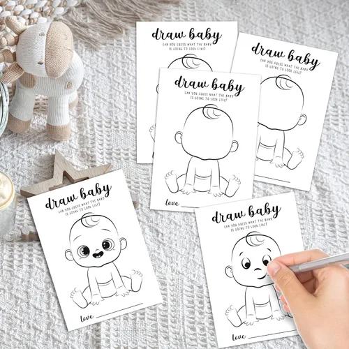 Vista 3 de Juegos de dibujar baby shower, juego de fiesta de revelación de género para niños o niñas, suministros para actividades de fiesta de baby shower