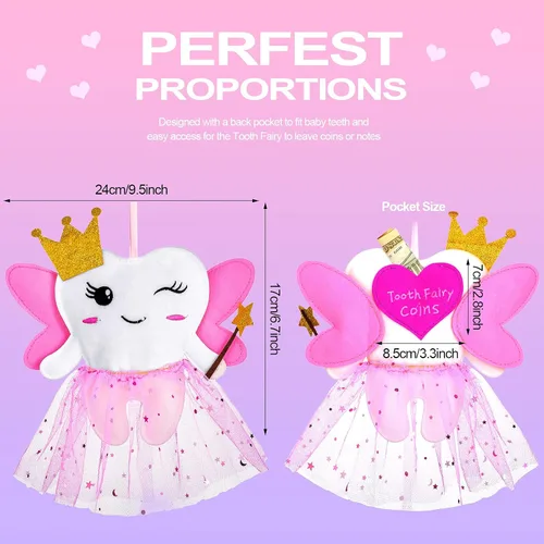 Vista 2 de Breling Kit de almohada de hadas de dientes para niñas, regalo de dientes rosados, lindo soporte para dientes almohada de hadas de dientes