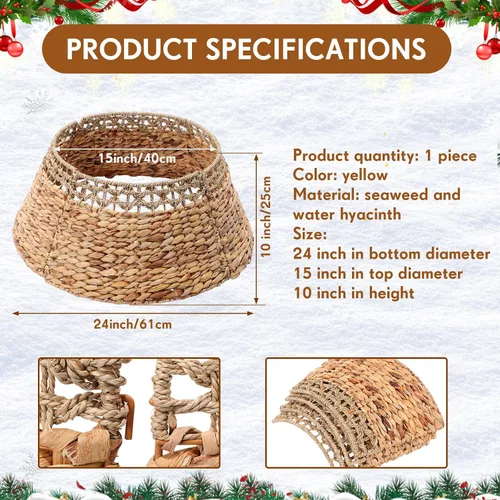 Vista 2 de Leyndo Collar de árbol de Navidad tejido de ratán para árbol de Navidad, base de árbol de Navidad rústico natural y jacinto de agua