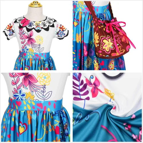 Vista 3 de Mirabel Costume Dress Encanto for kid Isabela Madrigal Dress Up Halloween Princess Cosplay for Child With Glasses Earrings