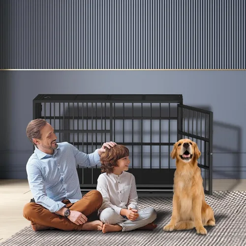 Vista 7 de Jaula para perros resistente de 48 pulgadas, resistente a la corrosión, plegable de metal XXXL con base ensanchada, pestillo mejorado, bandeja