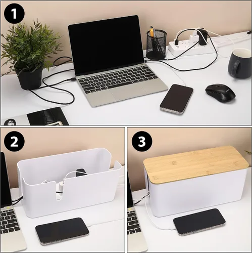 Vista 7 de ZhiYo Caja Organizadora de Cables con Tapa de Bambú, Caja de Gestión de Cables ABS Segura para TV y Computadora, Cubierta de Madera Ocultador