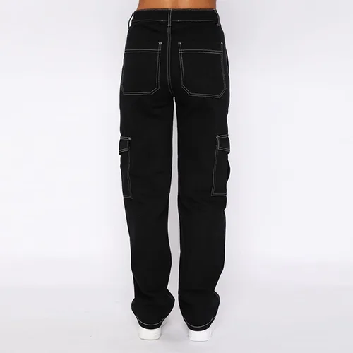 Vista 4 de YUTANRAL Pantalones cargo para mujer, cintura alta, pierna ancha, a la moda, casual, holgados, Y2K, pantalones de senderismo con bolsillos, negro