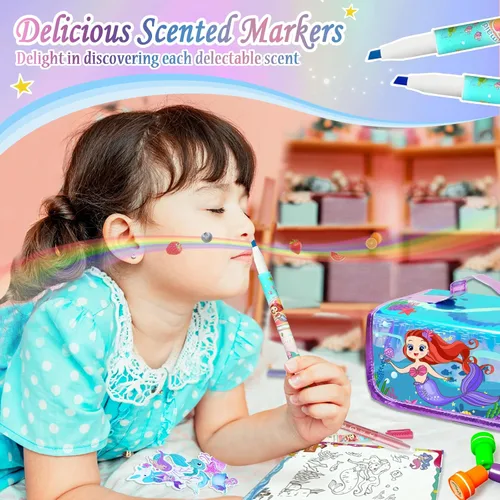 Vista 4 de weirtoya 56 marcadores perfumados lavables con estuche con purpurina, arte y manualidades de unicornio de sirena para niños de 4 a 8 años, kits