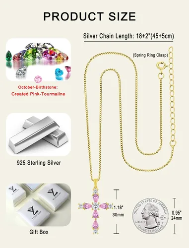 Vista 14 de YL Collar de cruz de plata de ley 925 con colgante de piedra natal religiosa para mujer