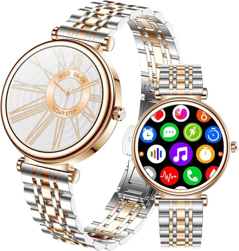 Vista 10 de Reloj para mujer, pantalla AMOLED HD de 1.25 pulgadas, reloj inteligente para mujer, rastreador de actividad física con monitor de frecuencia Dorado