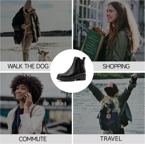 Vista 6 de CentroPoint Botas de tobillo Chelsea con plataforma de moda para mujer, suela de lengüeta, botas de combate, punta redonda, zapatos de invierno