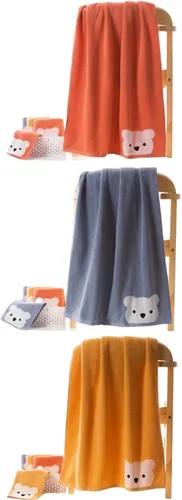 Vista 5 de Juego de 3 toallas de baño de alta calidad para niños (oso travieso), 1 toalla de baño, 1 toalla de mano, 1 toallita, secado rápido, 100% algodón