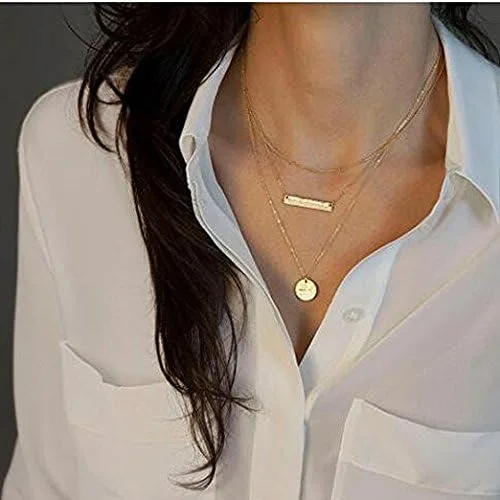 Vista 3 de Gargantilla larga en capas de oro con barra de aleación para mujer, Metal, No es una piedra preciosa