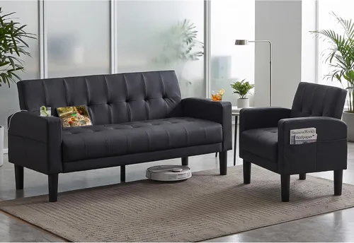 Vista 11 de 62 '' negro imitación cuero copetudo tapicería Loveseat para sala de estar