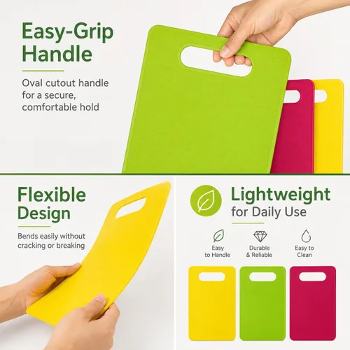 Vista 3 de Juego de 3 tablas de cortar de plástico pequeñas, tablas de cortar frutas compactas con mango de fácil agarre, tablas de cortar flexibles de 3P