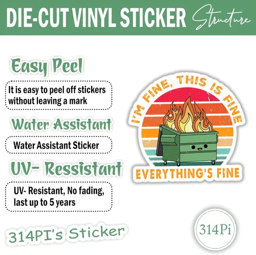 Vista 3 de 314PI Adhesivo con texto en inglés "I'm Fine" para contenedor de fuego, asistente de agua, adhesivo troquelado para laptop, teléfono, botella