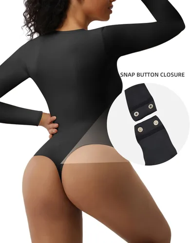 Vista 2 de SHAPERX Body suave de cuello redondo para mujer, se adapta a todos, trajes de cuerpo de manga larga