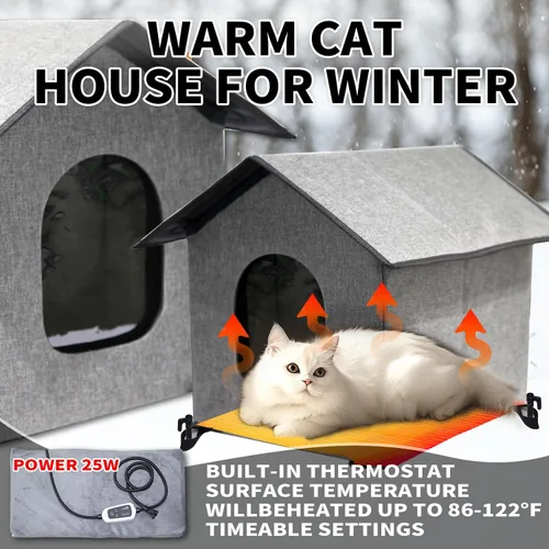 Vista 3 de Casa climatizada para gatos para exteriores, resistente a la intemperie y aislada, plegable, refugio cálido para gatos con bola de cascabel y luz