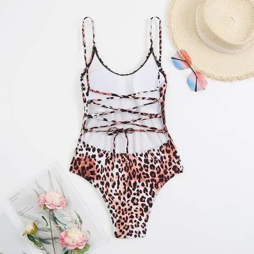 Vista 6 de CYee Traje de baño sexy de leopardo para mujer, con control de abdomen, traje de baño de una pieza, sin espalda