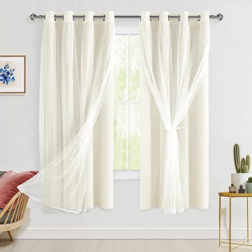 Vista 85 de Hiasan Cortinas opacas con superposición transparente, aislamiento térmico para mezclar y combinar de doble capa, cortinas de oscurecimiento de Beige