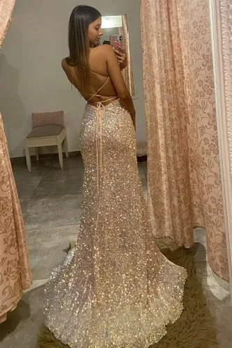 Vista 3 de Fivsole Vestido de fiesta de lentejuelas brillantes para mujer, ajustado, con abertura, vestido formal de fiesta de noche