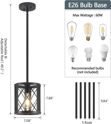 Vista 6 de Lámpara Colgante de Granja para Isla de Cocina - Linterna de Metal Industrial Negra Iluminación Colgante Individual Luminaria Colgante con Varillas