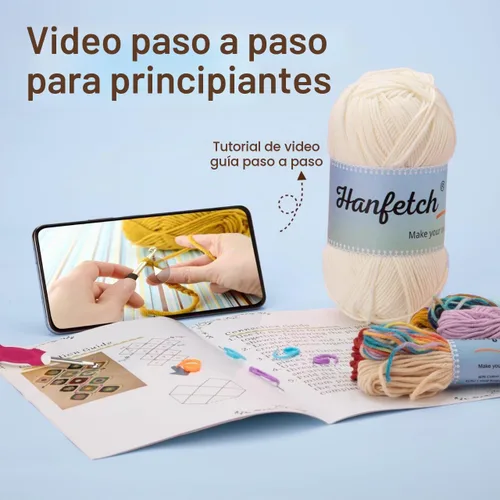 Vista 5 de Kit de ganchillo Hanfetch para avanzados o principiantes intermedios, video tutorial paso a paso e instrucciones detalladas. Suministros de Azul