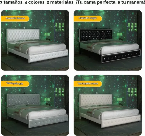 Vista 6 de Base de cama de plataforma tapizada tamaño Queen con cabecera LED, proyector de estrellas integrado y cabecera ajustable, no necesita somier, fácil