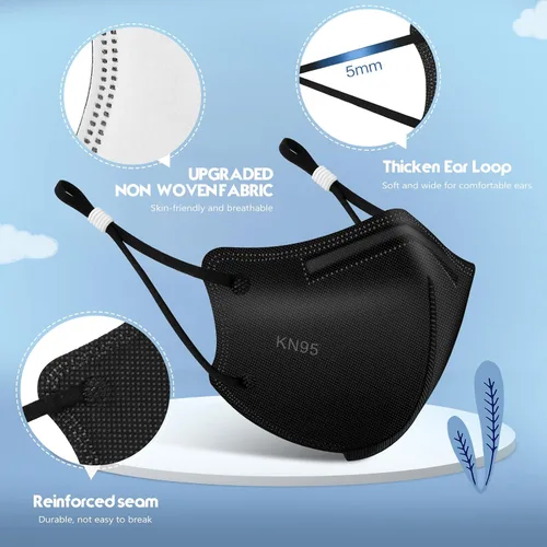 Vista 6 de WWDOLL Mascarillas KN95 para niños, paquete de 25 unidades, mascarillas KN95 transpirables de 5 capas para niños, color negro