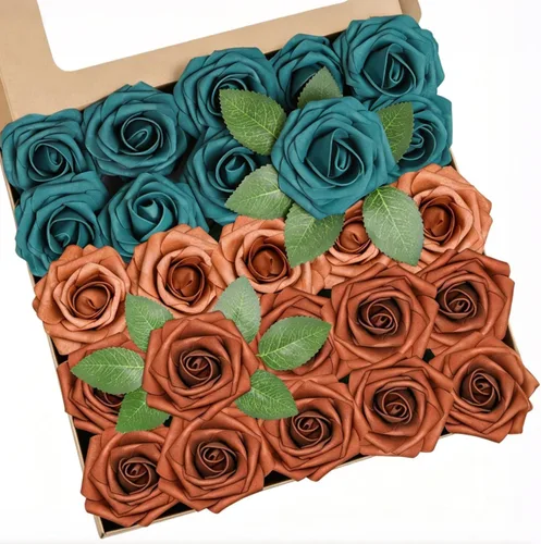 Vista 20 de Flores artificiales, 25 piezas, rosa artificial azul bebé para ramos de boda, centros de mesa, arreglos, flor falsa con tallos para decoración