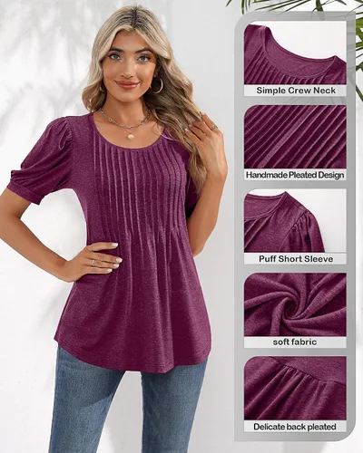 Vista 3 de Ficerd Blusa plisada de manga corta abombada para mujer, cuello redondo, elegante, casual, holgada, para primavera y verano