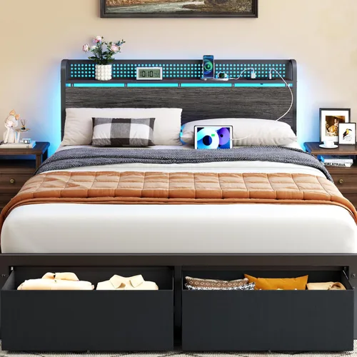 Vista 11 de Furnulem Base de cama de tamaño matrimonial con almacenamiento de cabecero, base de cama de plataforma tamaño matrimonial con 2 cajones, estación