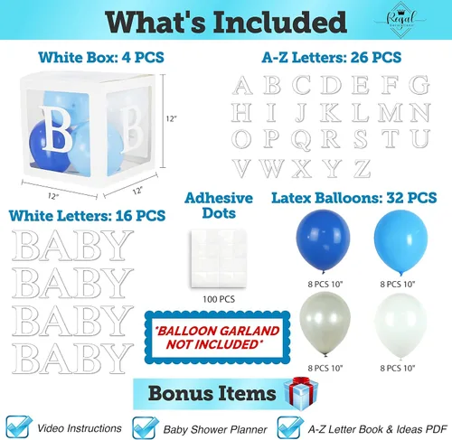 Vista 3 de 82 piezas de decoración de baby shower para niño, juego de caja de globos azul, blanco y gris con letras del alfabeto, decoración de fiesta