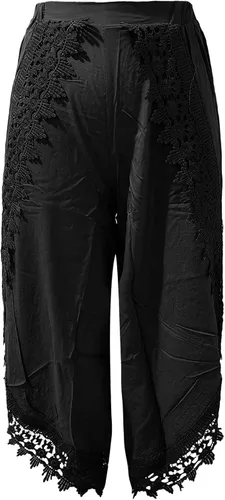 Vista 3 de Wide Leg Yoga Pants for Women Baggy Loose Elastic High Waist Solid Color Flowy Boho Beach Comfy Lace Harem