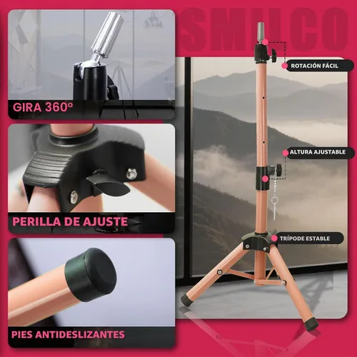 Vista 3 de Smilco Soporte de cabeza de maniquí, trípode ajustable para peluca, soporte de cabeza de peluca resistente para entrenamiento de peluquería