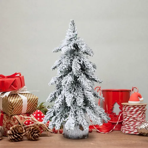 Vista 2 de 2 piezas preiluminado árbol de Navidad de mesa nevado con luces LED, base de madera, mini árbol de pino de Navidad para mesa, escritorio, decoración