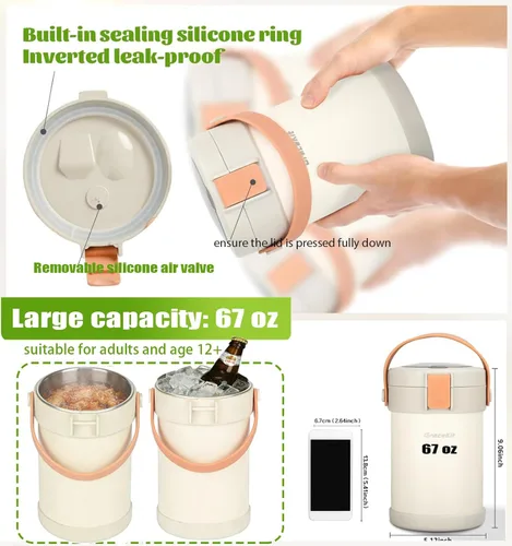 Vista 5 de Termo de 67 oz/2L para comida caliente, termo de sopa aislado al vacío de acero inoxidable 304, lonchera térmica a prueba de fugas con 3 cajas Bento