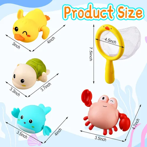 Vista 4 de Outus Los juegos de juguetes de baño de 14 piezas incluyen 12 juguetes flotantes con 2 redes de pesca en forma de pato, juegos de piscina, juguete