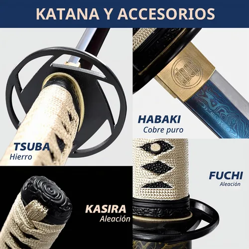 Vista 4 de entez Handcrafted Samurai Katana - Premium Damascus/T10 Clay Tempered Blades - Sharp Functional Japanese Swords, Full Tang