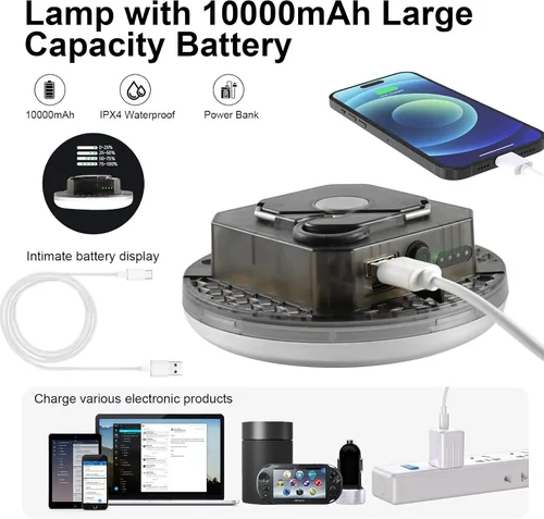 Vista 4 de IODOO Luz de campamento recargable de 10000 mAh 4000LM con sensor de movimiento y radar, tiempo de espera de 72 horas, linterna de campamento