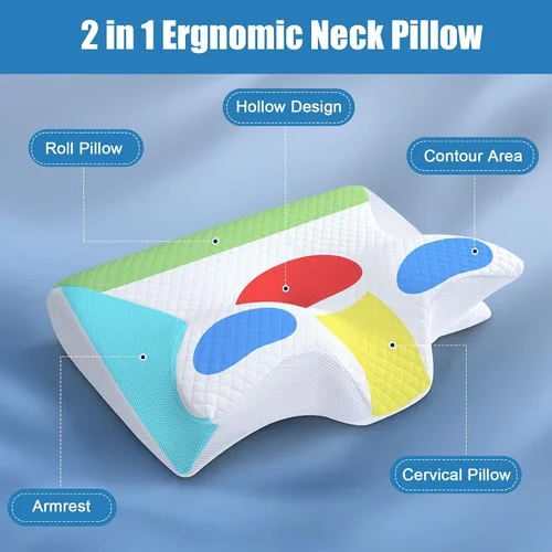 Vista 6 de HOMCA Almohada cervical de espuma viscoelástica Almohada de espuma viscoelástica de contorno para aliviar el dolor de cuello, almohada ortopédica
