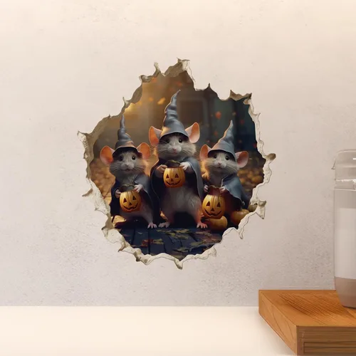 Vista 5 de Trick or Treat Witch Mice in Mouse Hole Calcomanía de pared 3D con agujero de ratón