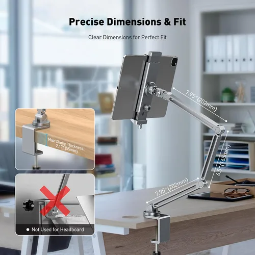 Vista 8 de AboveTEK Soporte para iPad 2 en 1 para escritorio, brazo de aluminio para iPad con abrazadera y cabezal de anillo magnético, soporte ajustable
