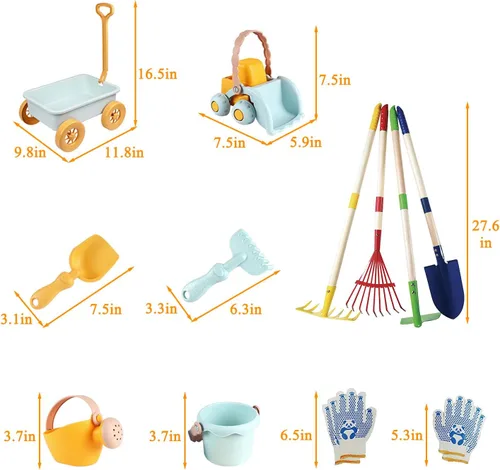 Vista 5 de Mostop Herramientas de jardinería para niños, juguetes al aire libre con carretilla, carretilla para niños de 4 a 8 años, juguetes educativos